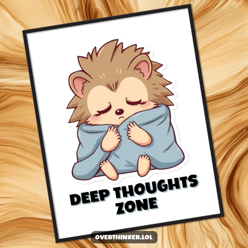 Funny digital art print of a hedgehog wrapped in blankets, deep in anxious contemplation, ideal for decor.
