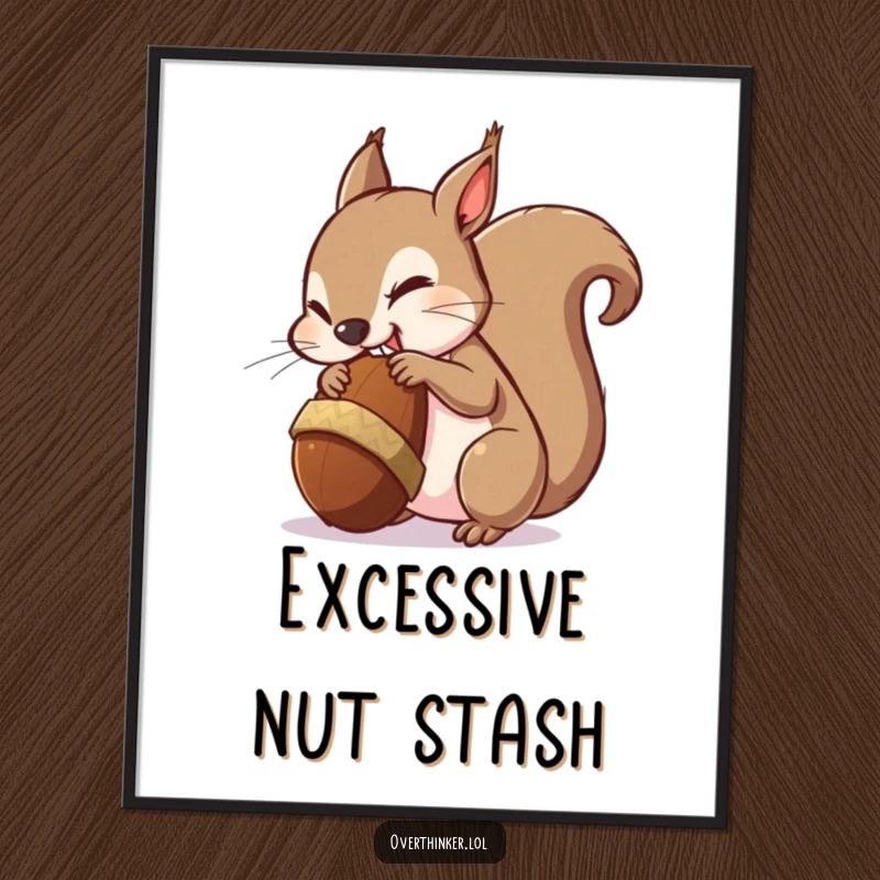 Funny digital art print of a wide-eyed squirrel nervously chewing a giant acorn, adding humor to decor.