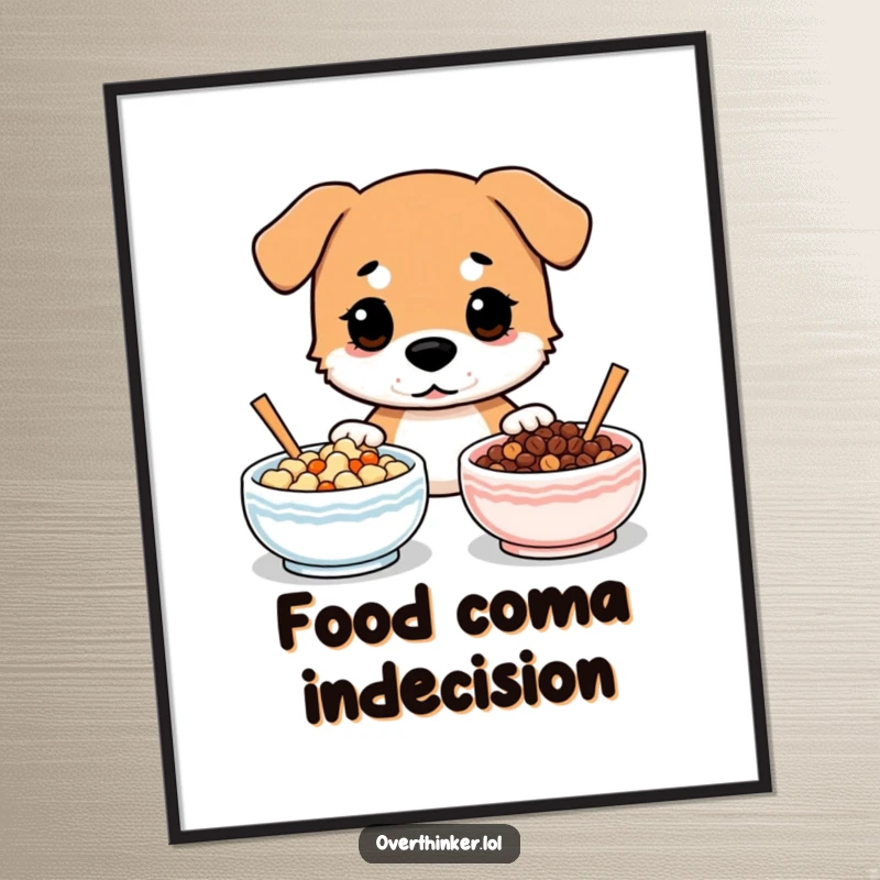 Funny digital art print of a dog looking confused between two identical bowls of food, adding humor.