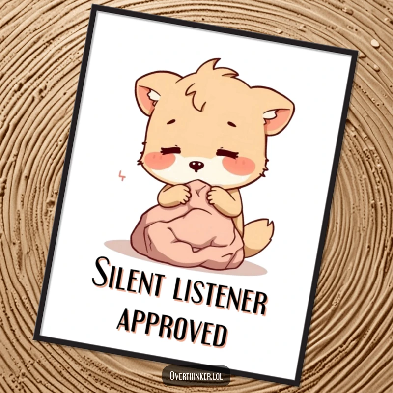 Funny Digital Art: An animal character whispers secrets to a small, silent rock, a humorous illustration for instant decor.