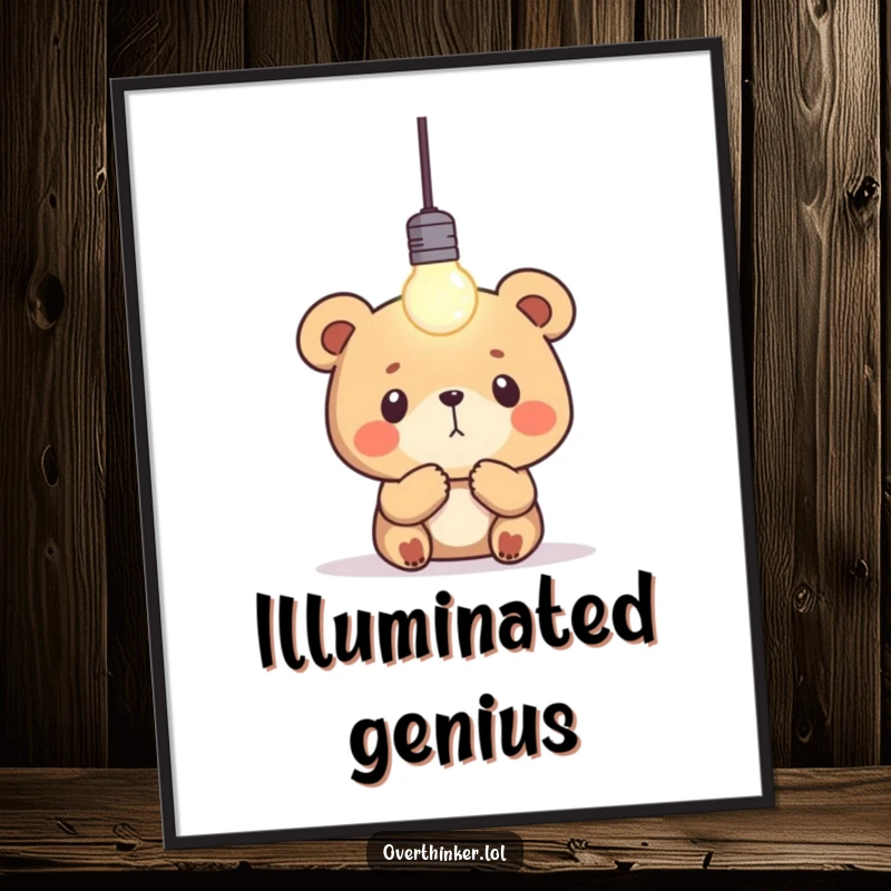 Funny bear digital art print showing a bear intently staring at a single, blinking lightbulb, symbolizing inspiration and thoughtful moments.