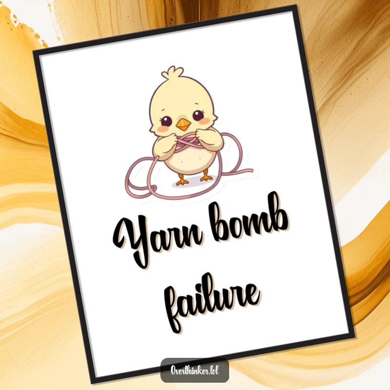 Funny Bird Digital Art print of a small bird character trying to untangle a messy knot of yarn. Charming and humorous wall decor.