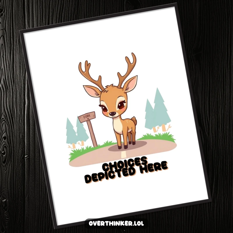 Funny digital art print of a deer with furrowed brows, pondering a fork in the road. Instant, humorous decor symbolizing decision-making.