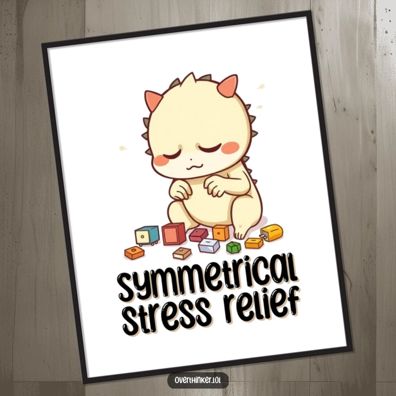 Funny digital art print of a creature nervously rearranging small objects, symbolizing the relatable human need for order and control.