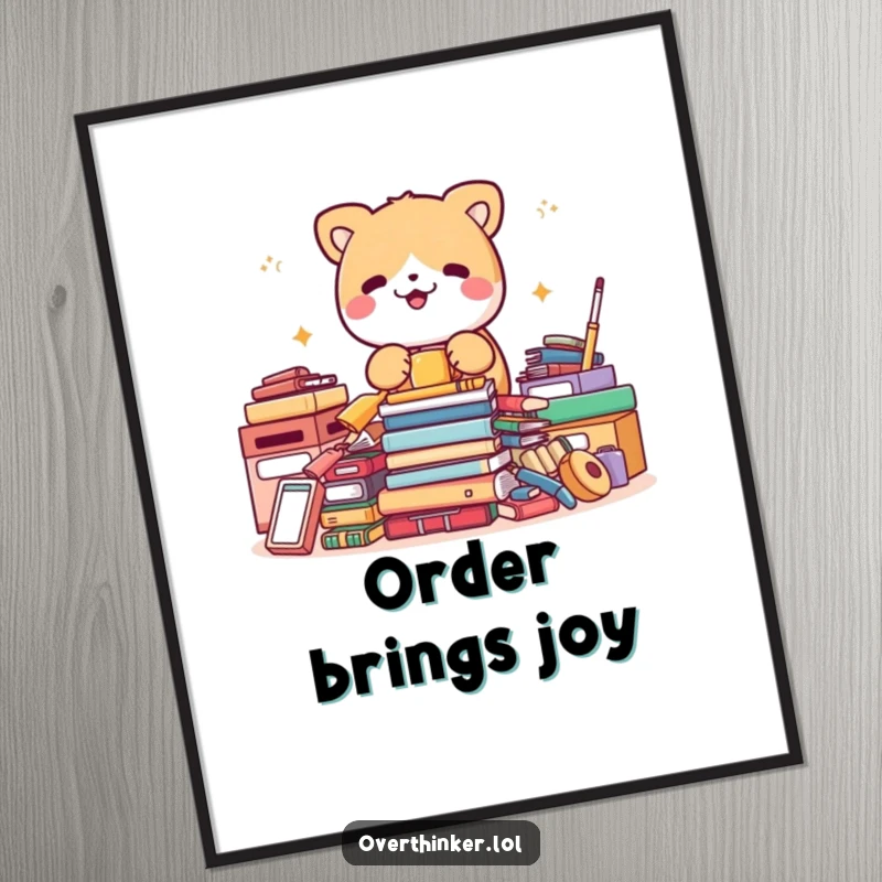 Funny digital art print of a cute animal character frantically tidying a pile of perfectly neat items, showing dedication.