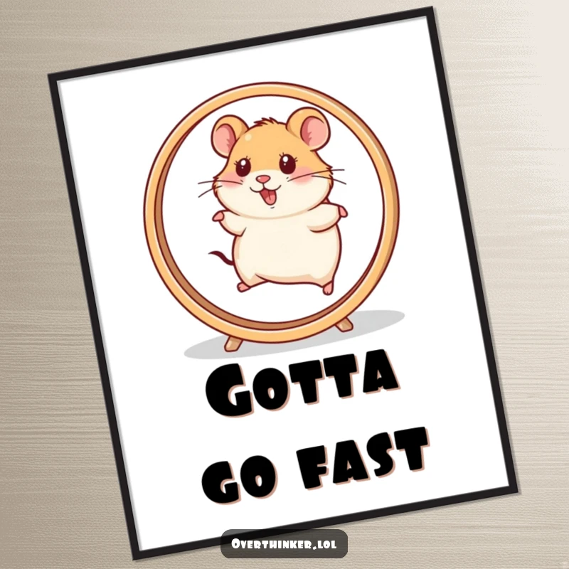 Funny Hamster Digital Art print of a hamster character running at extreme speed on a rapidly spinning wheel. Energetic and humorous.
