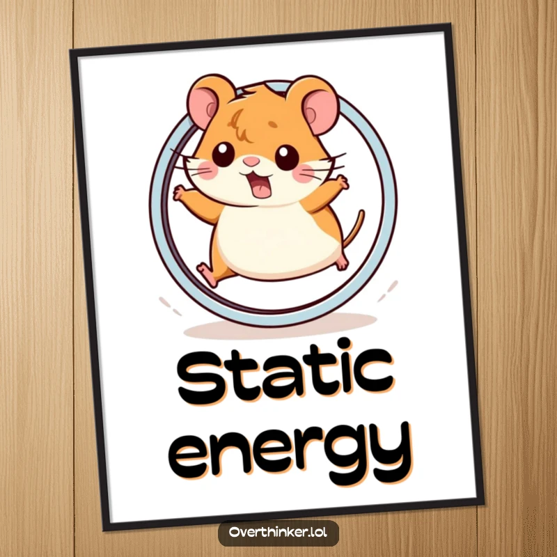 Funny Kawaii hamster digital art print depicting a cute hamster abruptly stopping on a wheel, perfect for humorous decor.