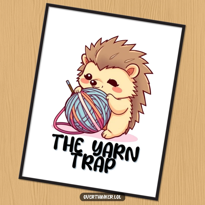 Funny Kawaii hedgehog digital art print depicting a flustered character tangled in a ball of yarn, ideal for humorous decor.