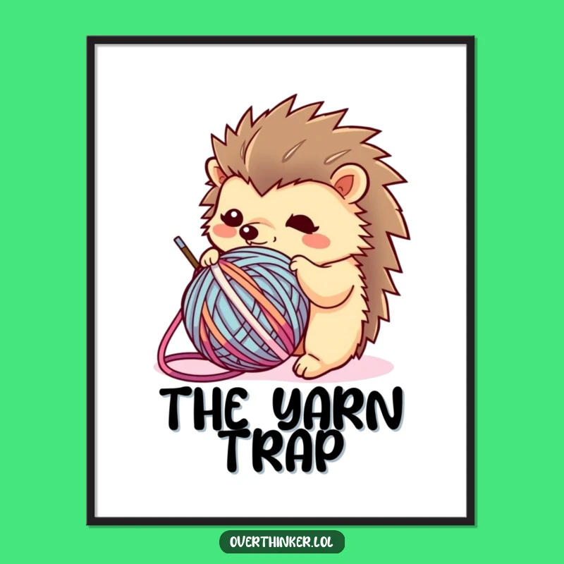 Funny Kawaii Hedgehog Digital Art: Yarn Tangle, Humorous Print for Crafters