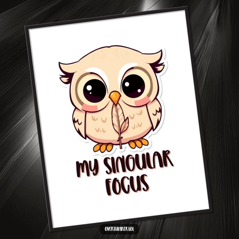 Funny Kawaii owl digital art print featuring a cute owl staring intently at a feather, perfect for humorous decor.