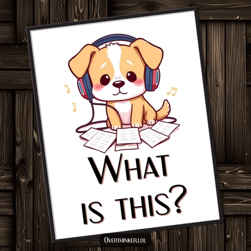 Funny Digital Art: A dog confused by sheet music and tangled headphones humorously symbolizes musical mayhem for wall décor.