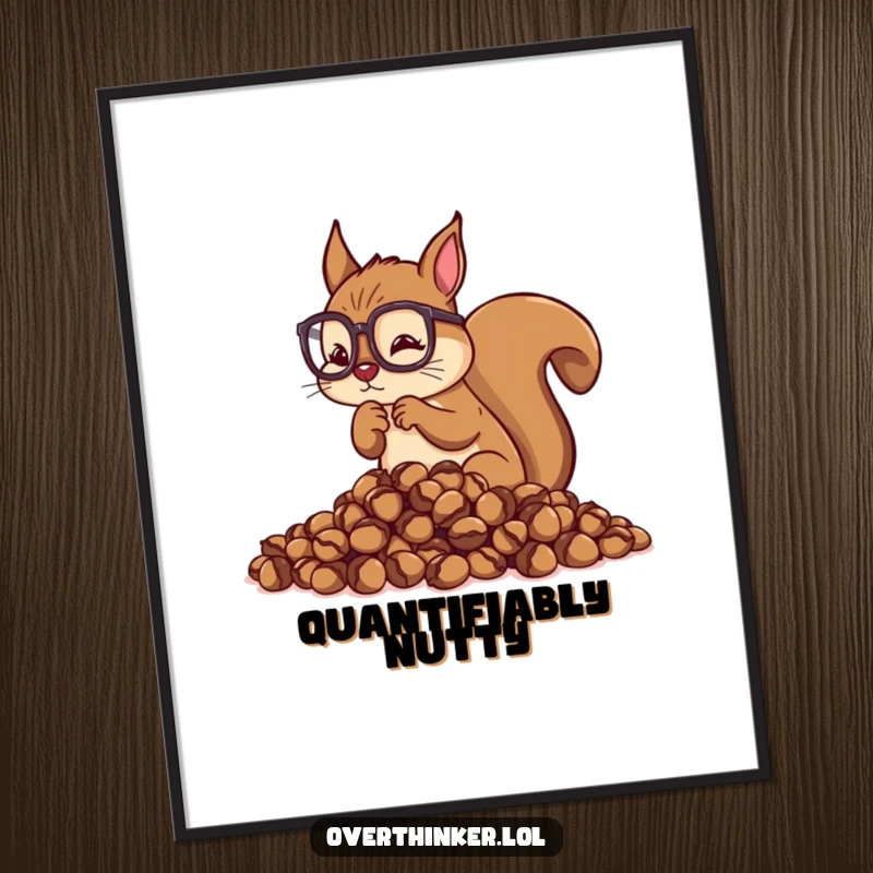 Funny Overthinking Squirrel Digital Art Print: Squirrel wearing glasses meticulously counting acorns, perfect for instant decor.