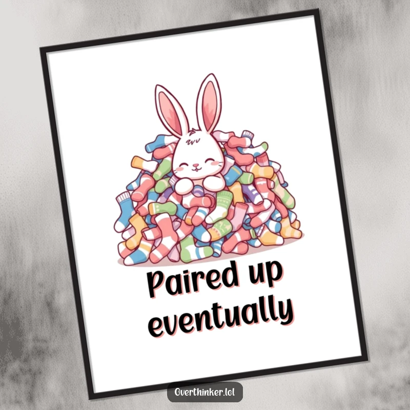 Funny rabbit digital art print showing a rabbit comically buried under a mountain of mismatched socks, perfect for instant humorous decor.