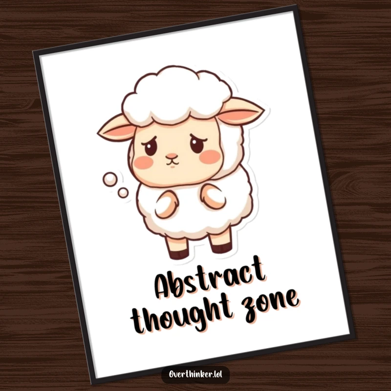 Funny digital art print of a sheep with a furrowed brow, questioning the shape of a cloud, ideal for decor.