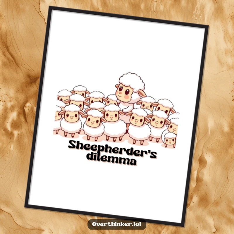 Funny digital art print of a sheep character trying to count a herd of confused sheep, capturing a moment of comical futility.