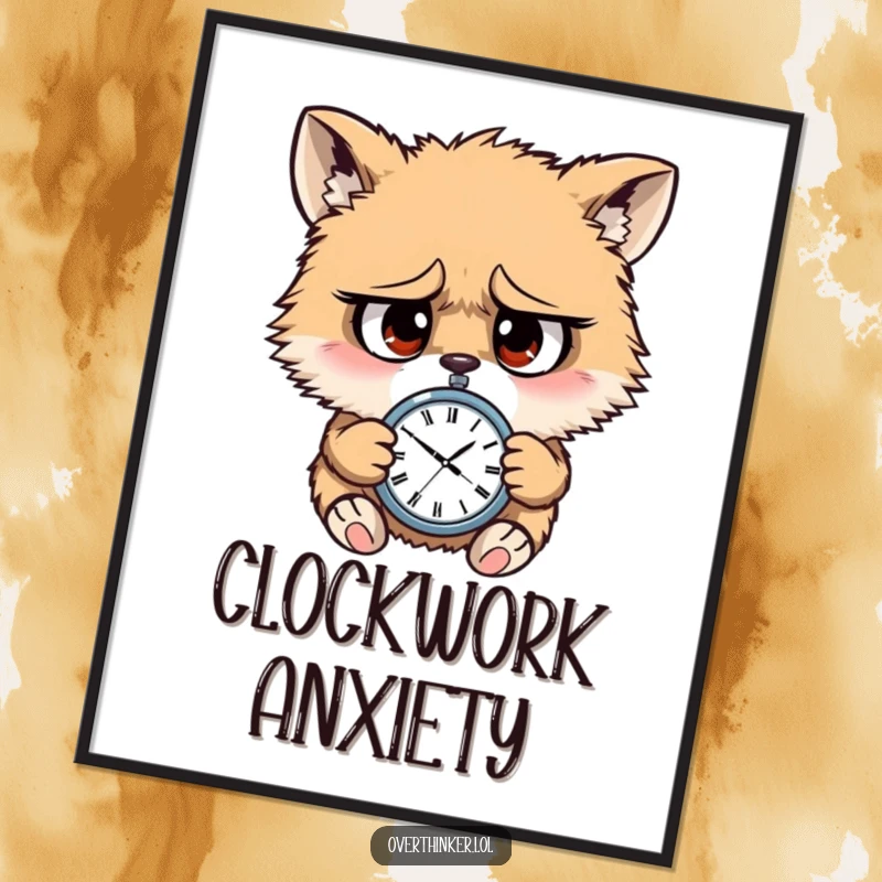 Funny digital art print of a furry animal character with worried eyes, frantically checking a tiny watch, capturing time pressure.