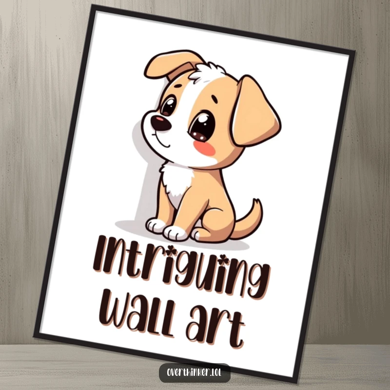 Funny digital art print of a dog tilting its head and staring at a wall shadow, symbolizing canine curiosity and playful confusion.