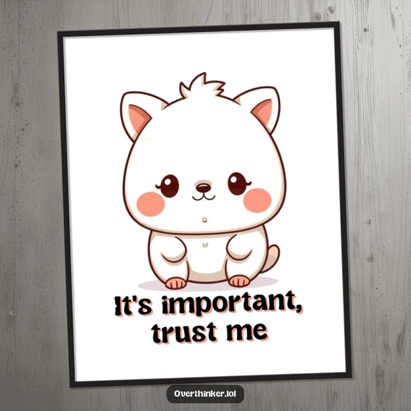 Funny kawaii digital art print of a cute animal character staring intently at a tiny speck, a charming and printable piece about focus.