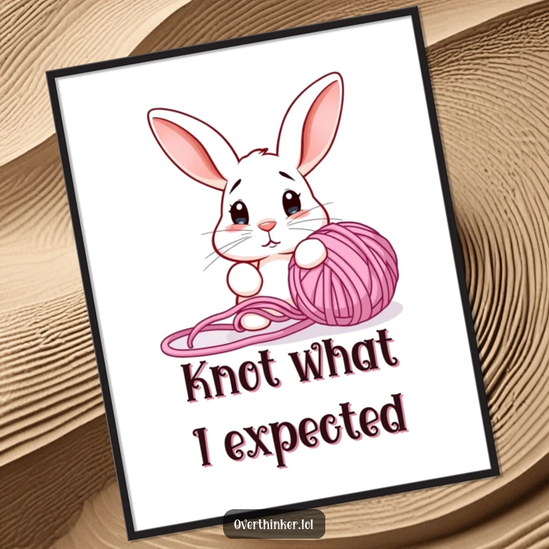 Funny digital art print of a bewildered rabbit staring at a tangled yarn ball, ideal for crafty decor.