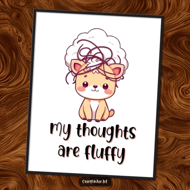 Funny kawaii digital art print of a cute animal with a cloud of tangled thoughts, a charming and printable piece celebrating creativity.