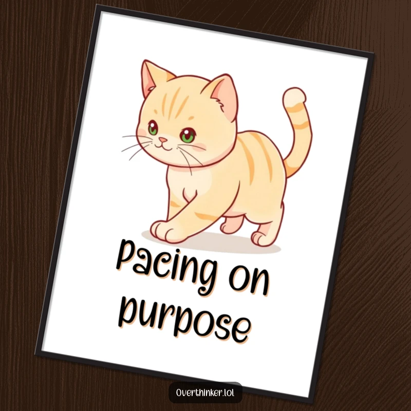 Funny digital art print of a cat pacing anxiously with a twitching tail, adding humor to walls.