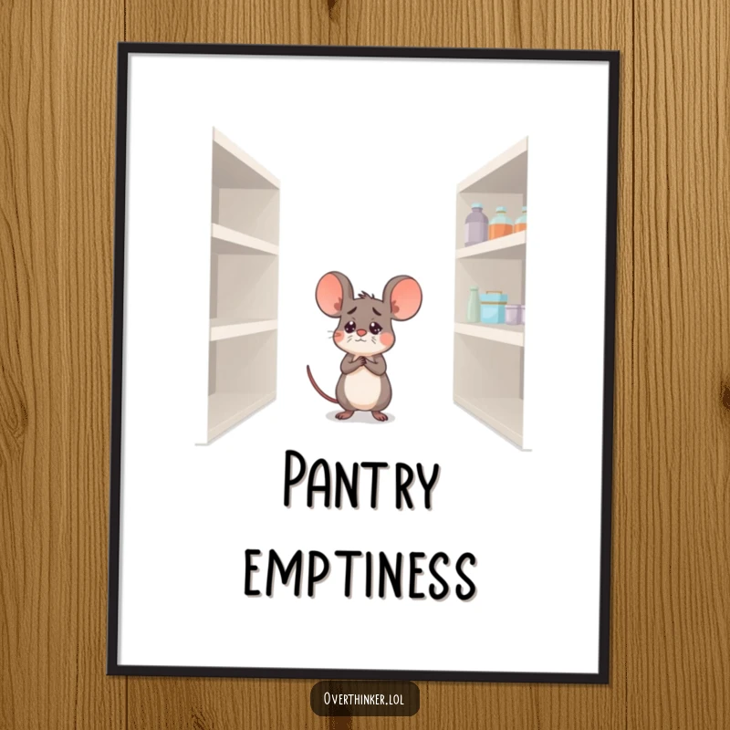 Funny digital art print of a worried mouse staring at an empty pantry shelf, bringing relatable humor to wall decor.