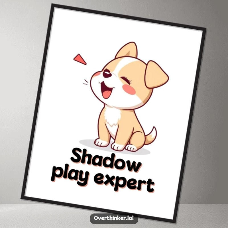 Funny Kawaii dog digital art print, a cute character barking at its own shadow, perfect for humorous and playful wall decor.
