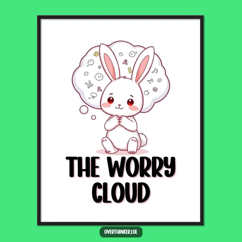 Funny Kawaii Rabbit Digital Art: Worry Bubble, Humorous Print for Anxious Vibes