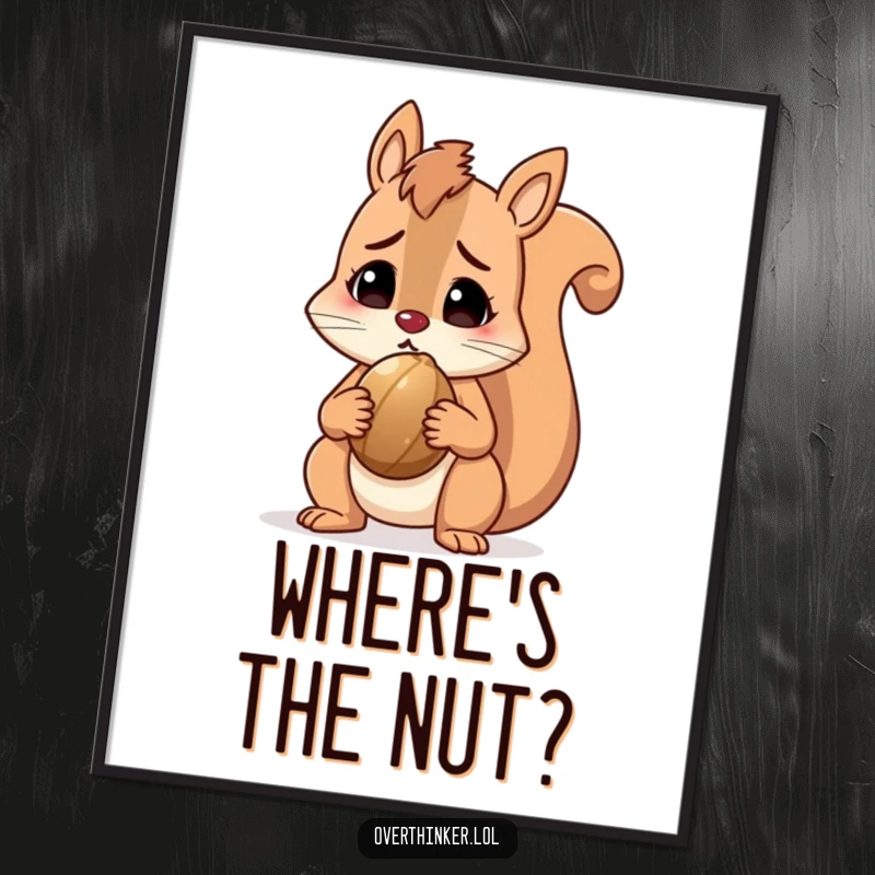 Funny squirrel digital art print of a perplexed character holding a nut, offering humorous and charming decor. Great gift.