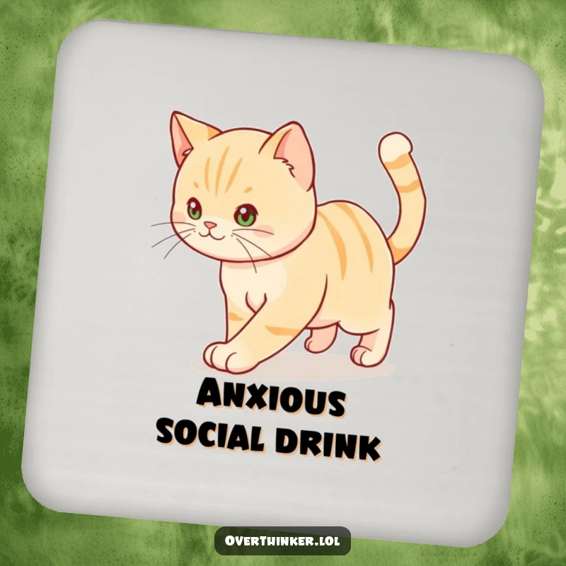 Funny drink coaster featuring a cat pacing with a twitching tail, depicting anxious energy.