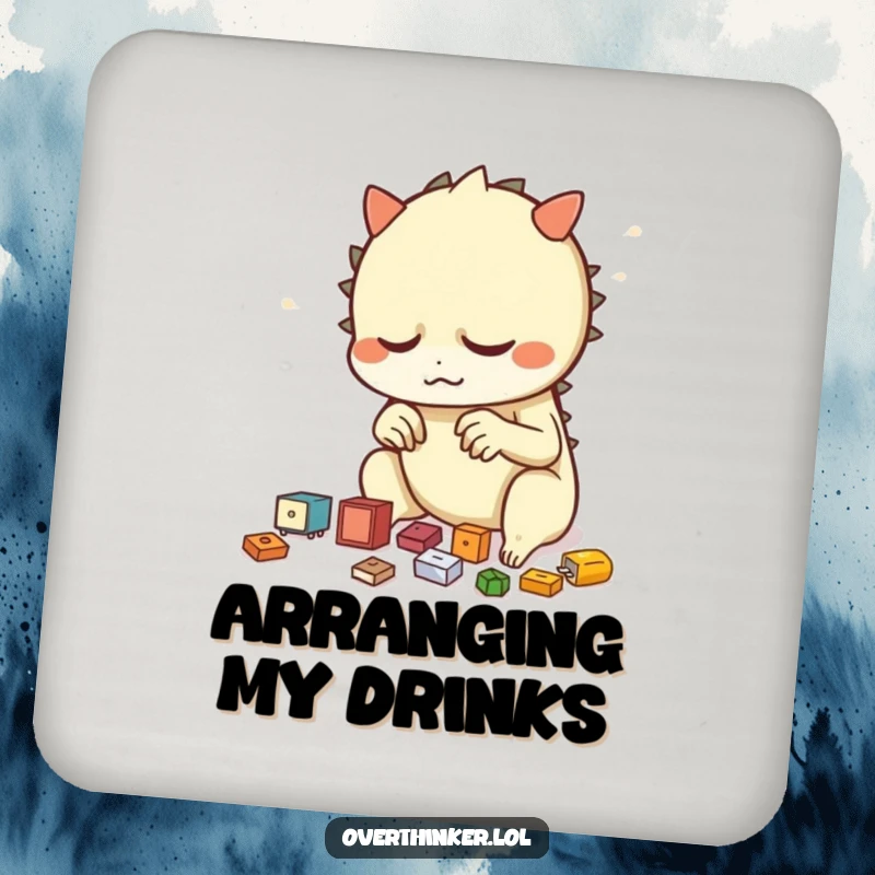 Funny drink coasters illustrating a creature nervously rearranging small objects, symbolizing a need for meticulous order and humor.