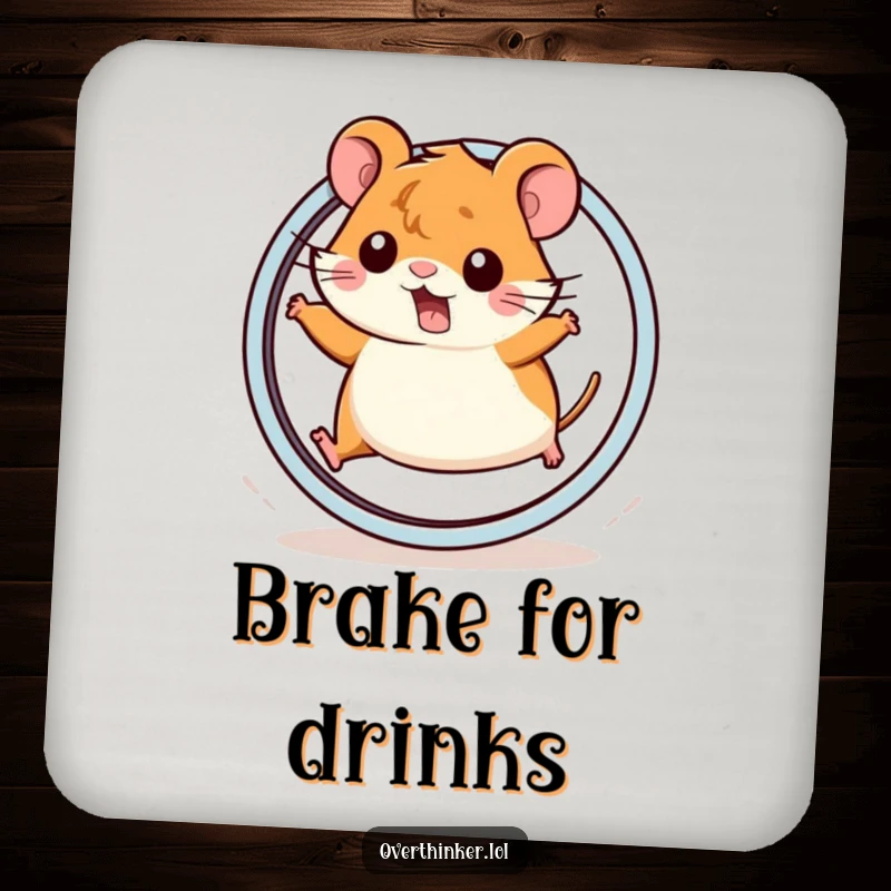 Funny Kawaii hamster drink coaster with a cute hamster abruptly stopping on a wheel, perfect for surface protection and humor.
