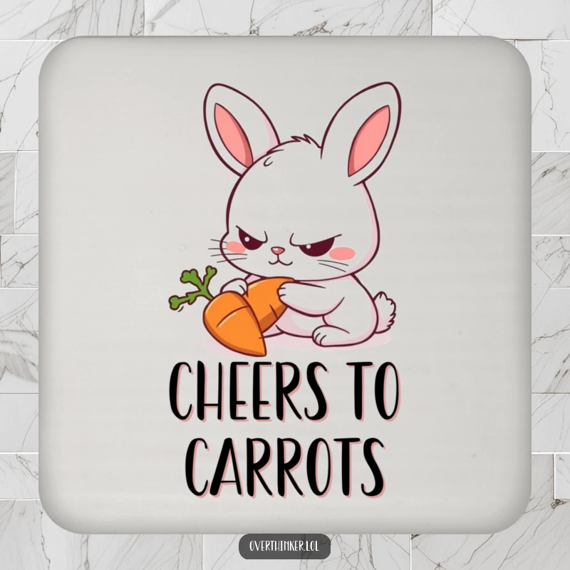 Funny Rabbit Coaster showing a rabbit with a furrowed brow intensely focused on a carrot, humorous accessory.