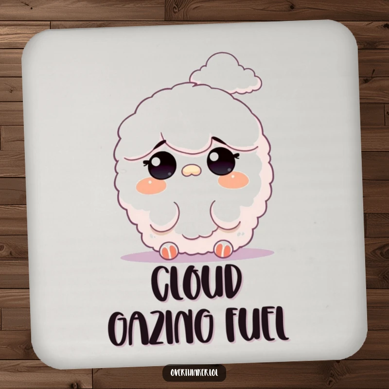 Funny drink coasters illustrating a fluffy character squinting at a faint, distant cloud formation, adding dreamy charm to any setting.