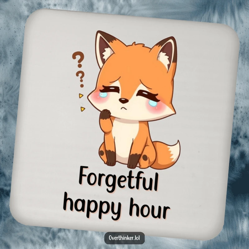 Funny drink coaster featuring a fox sweating, struggling to recall a forgotten name. Protects surfaces with a humorous and relatable design.
