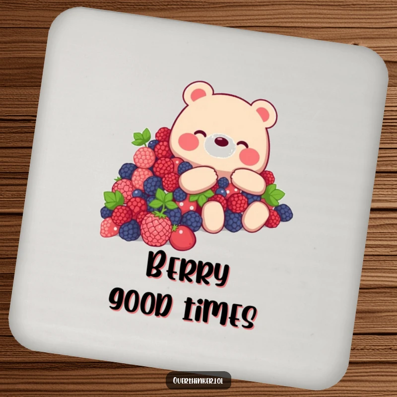 Funny Bear Coaster showing a bear overwhelmed by berries, humorous accessory.