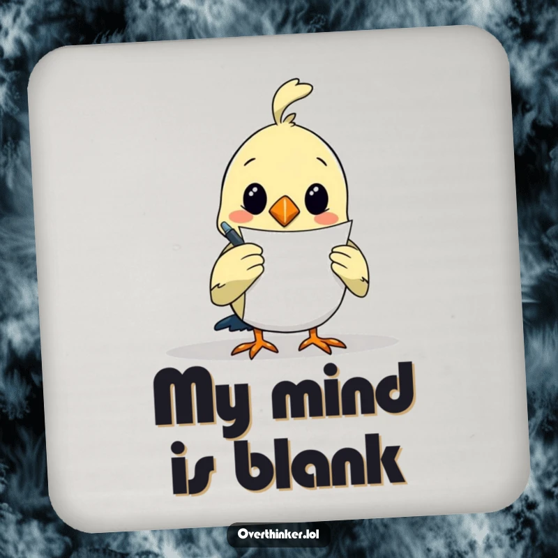 Funny drink coaster with an overthinking bird artistically holding a pen, staring at a blank paper, symbolizing contemplation.