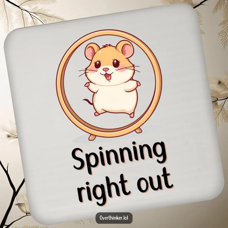 Funny Hamster Drink Coaster featuring a hamster character running on a fast spinning wheel, protecting surfaces with speed and humor.