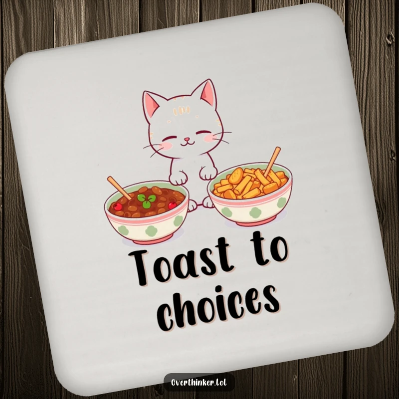Funny Kawaii cat drink coaster with a cute cat looking between two identical food bowls, perfect for surface protection and humor.