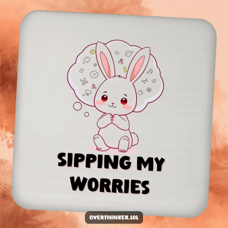 Funny Kawaii rabbit drink coaster showcasing a character with a thought bubble full of tiny worries, adding humorous protection to surfaces.