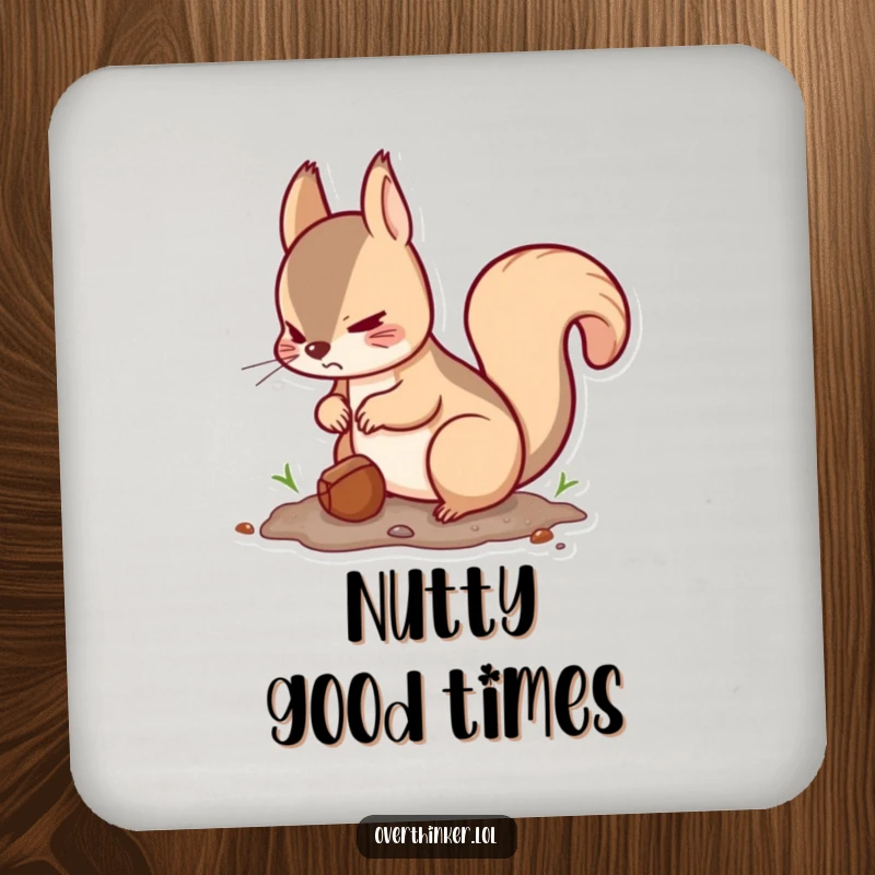 Funny Kawaii squirrel drink coaster with a cute squirrel burying a nut and looking around nervously, perfect for surface protection and humor.