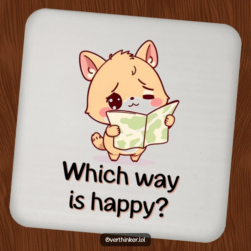 Funny drink coaster with a confused animal character holding an upside-down map, symbolizing being lost but looking stylish.