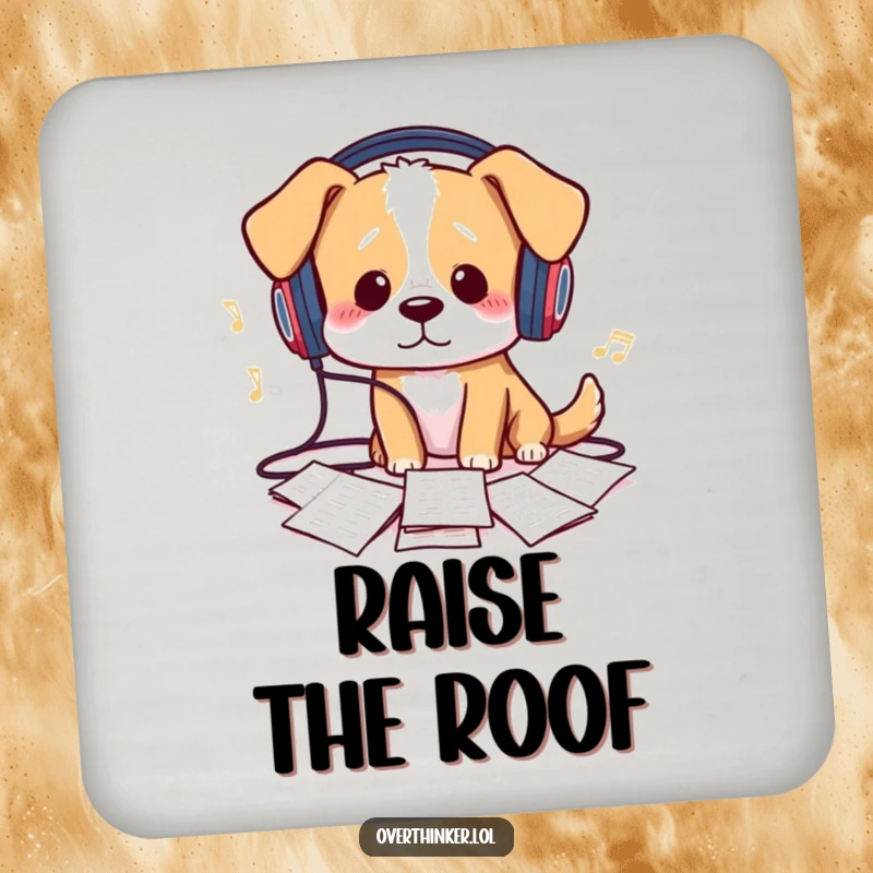 Funny Coasters: A dog confused by sheet music and tangled headphones humorously represents musical mishaps, protecting surfaces with charm.