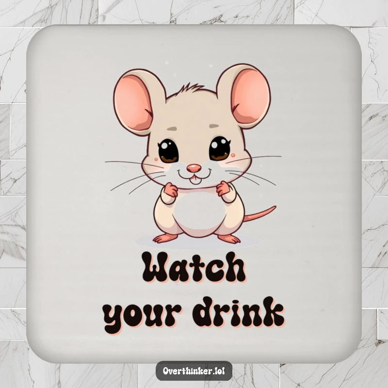 Funny drink coaster with a mouse whose eyes dart around, sensing imagined dangers, protecting surfaces.