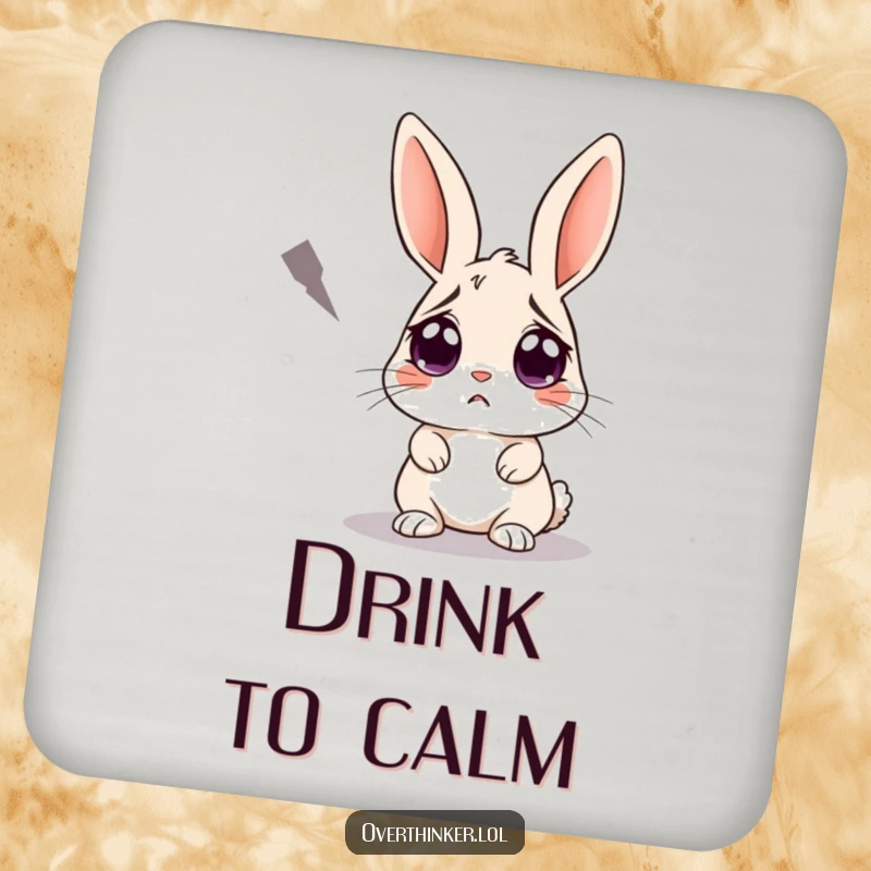 Funny drink coaster featuring a rabbit with worried eyes staring at a shadow. Protects surfaces with a humorous and slightly anxious design.