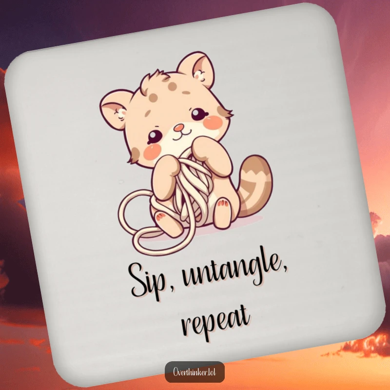 Funny drink coaster showing a cute animal character hilariously entangled in a ball of yarn, adding humor to your table.