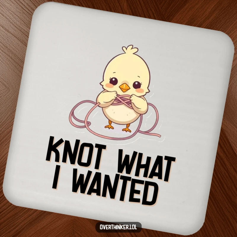 Funny Bird Drink Coaster featuring a small bird character struggling with a tangled knot of yarn, protecting surfaces with charm.