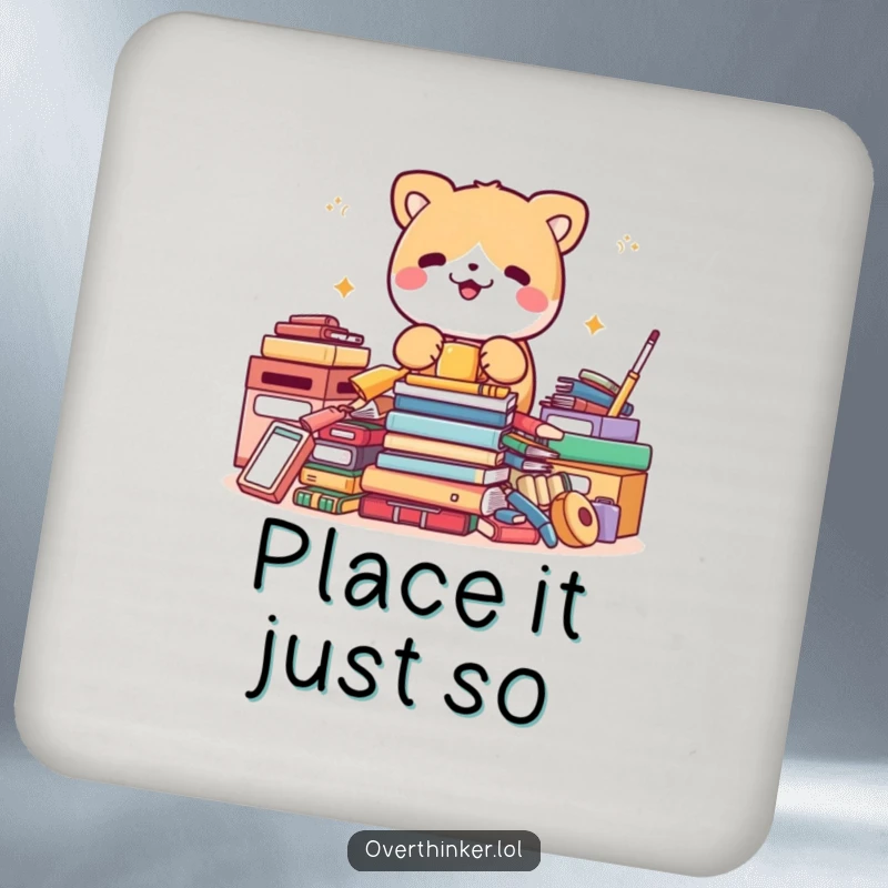 Funny drink coasters showing a cute animal character frantically organizing items that are already perfectly neat, protecting your table.