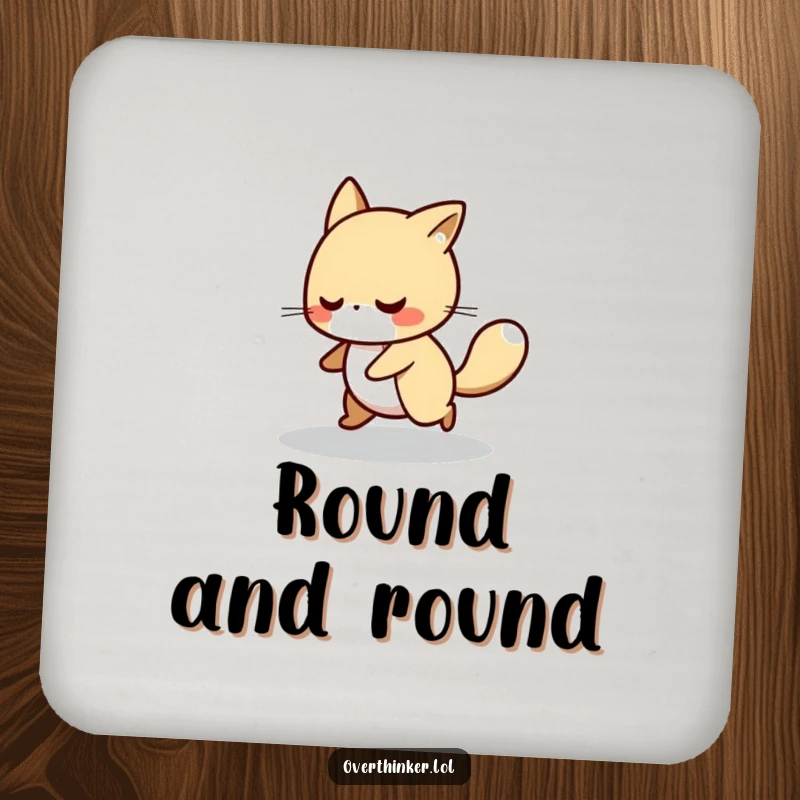 Funny coaster art of an animal character pacing in a circle, representing a thoughtful and busy mind.