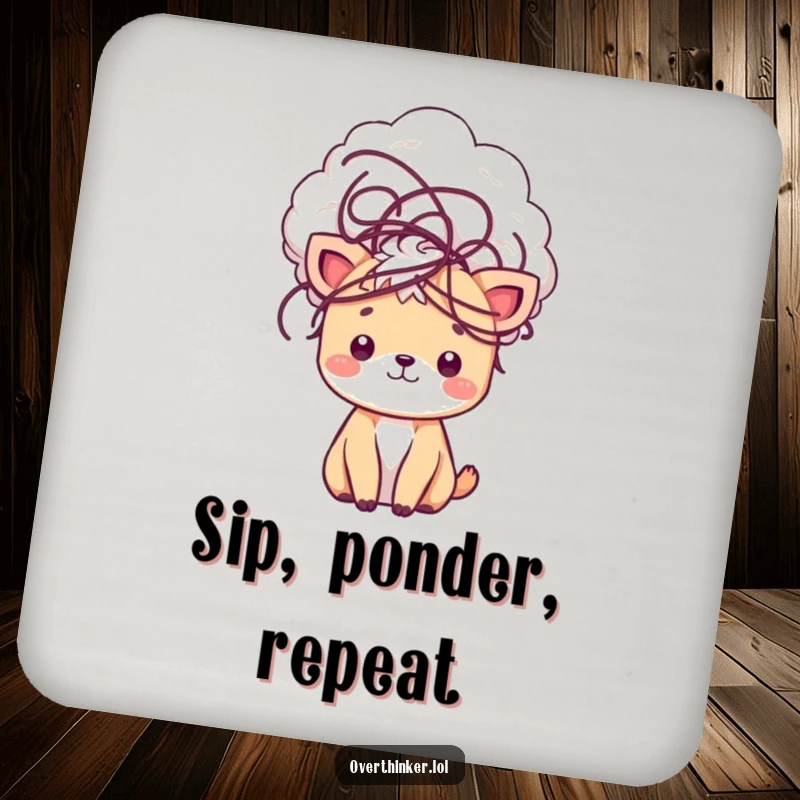 Funny kawaii drink coaster featuring a cute animal with tangled thoughts, protecting surfaces with charm and humor.